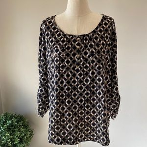 Plus size women’s geometric print tunic top 3/4 button up sleeve scoop neck 1X